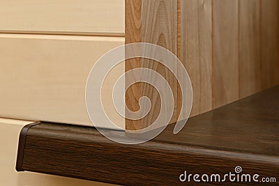 junction of the windowsill, walls and wooden slopes Stock Photo