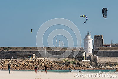 June 24, 2023 Balneario, Tarifa, Spain Big Beto Gomez air jumping kitesurfing kitesurf kiteloop jump GKA Kite World Tour Editorial Stock Photo