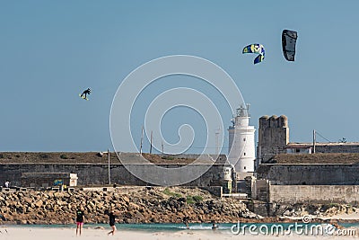 June 24, 2023 Balneario, Tarifa, Spain Big Beto Gomez air jumping kitesurfing kitesurf kiteloop jump GKA Kite World Tour Editorial Stock Photo