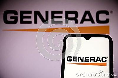 June 16, 2021, Brazil. In this photo illustration an Generac Holdings logo seen on a smartphone screen and in the background Cartoon Illustration