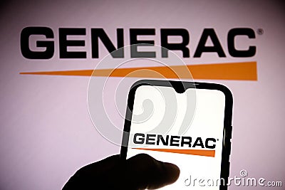 June 16, 2021, Brazil. In this photo illustration an Generac Holdings logo seen on a smartphone screen and in the background Cartoon Illustration