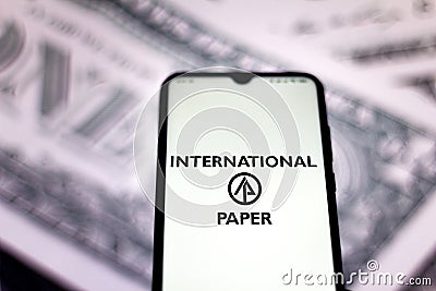 June 16, 2020, Brazil. In this photo illustration the International Paper logo seen displayed on a smartphone Cartoon Illustration