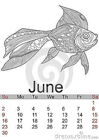 June calendar 2019. Antistress coloring gold fish, sea animal, patterns. Vector Vector Illustration