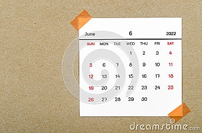 June 2022 calendar on brown background Stock Photo