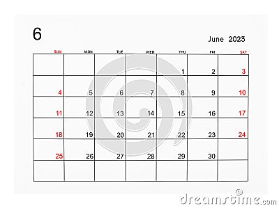 A June 2023 Calendar page isolated on white background, Saved clipping path Stock Photo