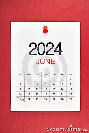 June 2024 calendar page with push pin on red Stock Photo