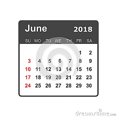 June 2018 calendar. Calendar planner design template. Week start Vector Illustration