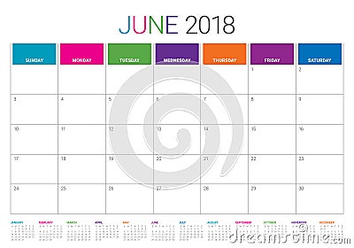 June 2018 calendar planner vector illustration Vector Illustration