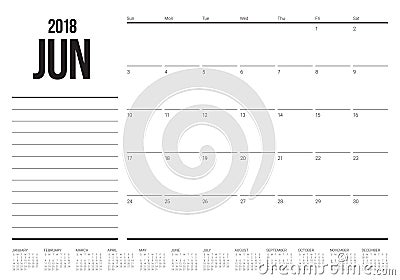 June 2018 calendar planner vector illustration Vector Illustration