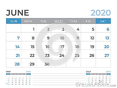 June 2020 Calendar template, Desk calendar layout Size 8 x 6 inch, planner design, week starts on sunday, stationery design Vector Illustration