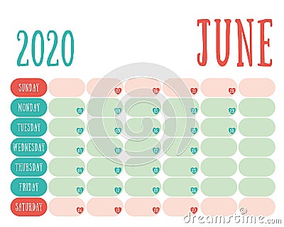 June 2020 diary. Calendar. Cute trend design. New year planner. English calender. Green and red color vector template. Notebook Vector Illustration