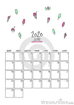 June 2020 doodle wall calendar Vector Illustration