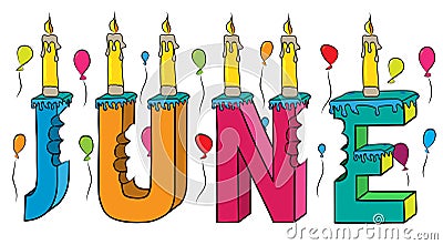 June female first name bitten colorful 3d lettering birthday cake with candles and balloons Vector Illustration