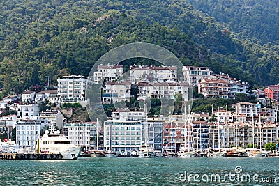 June 17, 2019 Fethiye, Turkey - Cascaded houses on a mountain in a bay Editorial Stock Photo