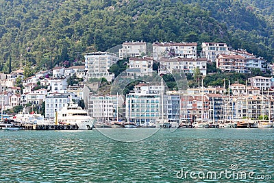 June 17, 2019 Fethiye, Turkey - Cascaded houses on a mountain in a bay Editorial Stock Photo