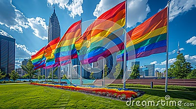 Renaissance Center in the foreground Rainbow Flags in Observance of Gay Pride month in Downtown Detroit, Michigan, United States Stock Photo