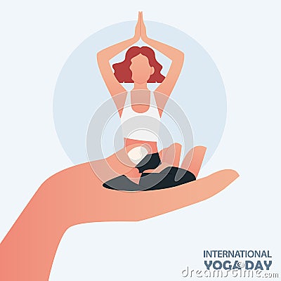 21 June International yoga day banner or poster with large human hand carrying young short hair woman sitting in meditation pose. Vector Illustration