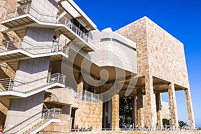 June 8, 2018 Los Angeles / CA / USA - One of the facades of the Museum Exhibitions Pavilion at the Getty Center where walls tiled Editorial Stock Photo