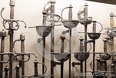 Museum of the Poldi Pezzoli Knights` Hall with samples of medieval weapons and ammunition Editorial Stock Photo