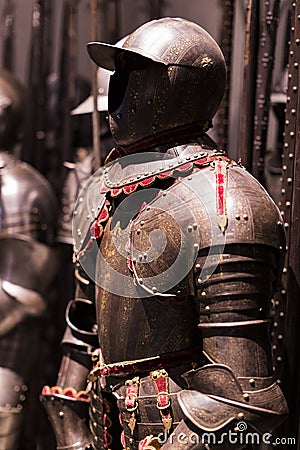 Museum of the Poldis Pezzoli Knights` Hall with samples of medieval weapons and ammunition Editorial Stock Photo