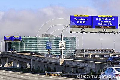 June 30, 2019 Millbrae / CA / USA - San Francisco International Airport SFO signs guiding travelers to the correct terminal; Editorial Stock Photo