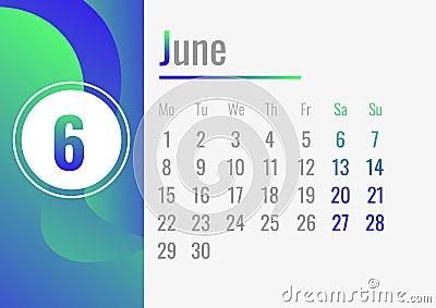 June month calendar 2020 concept banner, cartoon style Vector Illustration