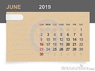 June 2019 - Monthly calendar on brown paper and wood background with area for note. Vector Illustration