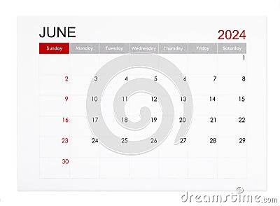 The June 2024 monthly calendar page isolated on white background, Saved clipping path Stock Photo