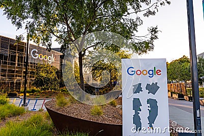 June 8, 2019 Mountain View / CA / USA - Googleplex map and office building at the campus in Silicon Valley; The Editorial Stock Photo