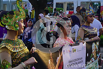 June 11, 2023 Peop wearing Indonesian traditional clothes at the Art carnival during Jakarta Car Free Day. Editorial Stock Photo