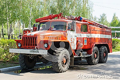 June 12, 2021 Russia, Republic of Bashkortostan: Russian-made fire truck Ural 4320 Editorial Stock Photo