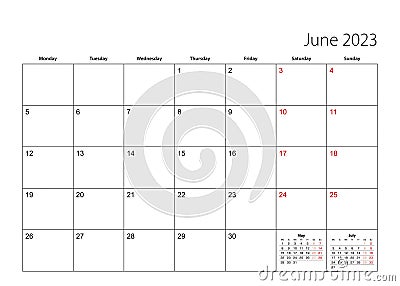 June 2023 simple calendar planner, week starts from Monday Vector Illustration