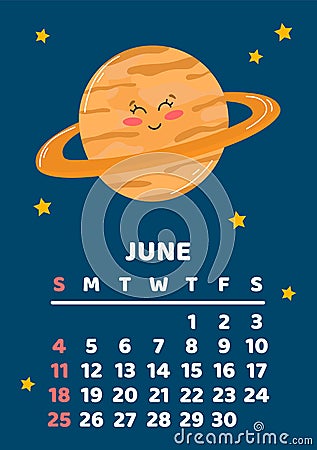 June. Space calendar planner 2023. Weekly scheduling, planets, space objects. Week starts on Sunday. Saturn Vector Illustration