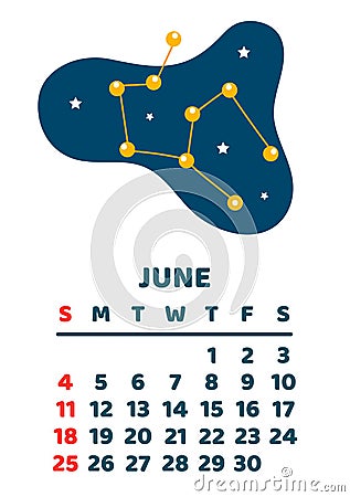 June. Space calendar planner 2023. Weekly scheduling, planets, space objects. Week starts on Sunday. White background Vector Illustration
