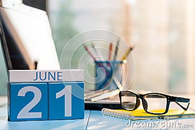 June 21st. Day 21 of month, wooden color calendar on office background. Summer time. Empty space for text Stock Photo