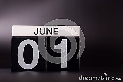 June 1st. Image of june 1 calendar on black background. First summer day. Happy Childrens Day Stock Photo