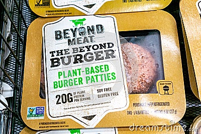 June 25, 2019 Sunnyvale / CA / USA - Beyond Meat Burger packages available for purchase in a Safeway store in San Francisco bay Editorial Stock Photo