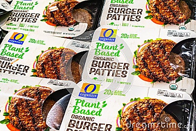 June 25, 2019 Sunnyvale / CA / USA - Organic Plant Based Burger Patties, produced by Organics and competing with Beyond Meat; Editorial Stock Photo