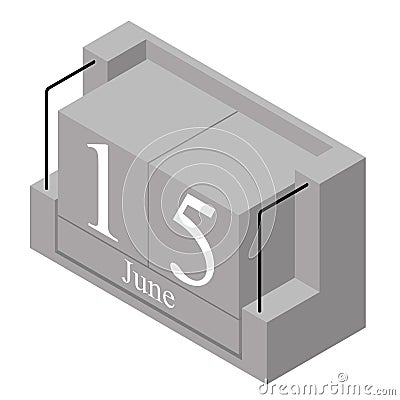 June 15th date on a single day calendar. Gray wood block calendar present date 15 and month May isolated on white background. Vector Illustration