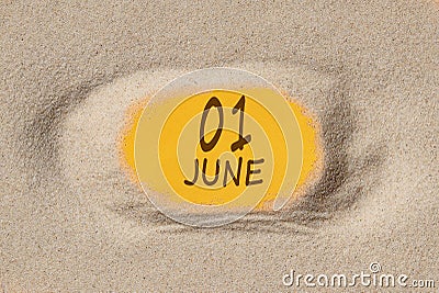 June 1 . 1th day of the month, calendar date. Hole in sand. Yellow background is visible through hole Stock Photo