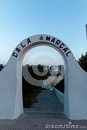 June 16th, 2017, Felanitx, Spain - view of Cala Marcal beach entrance sign Editorial Stock Photo