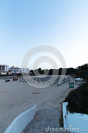 June 16th, 2017, Felanitx, Spain - view of Cala Marcal beach umbrellas and sunbeds Editorial Stock Photo