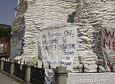 June 19, 2022 Ukraine city of Kyiv Monument Princess Olga covered with sandbags invasion Editorial Stock Photo