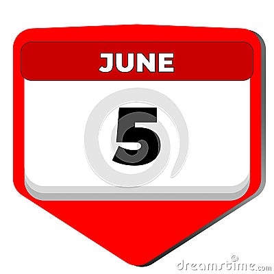 5 June vector icon calendar day. 5 date of June. Fifth day of June. 5th date number. 5 day calendar. Five date. World Vector Illustration