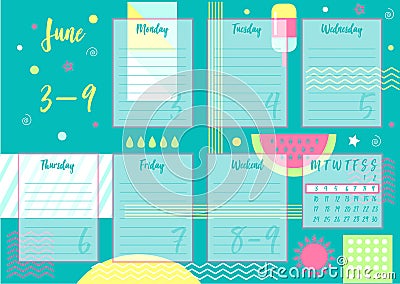 June 2019 Weekly planner Vector Illustration