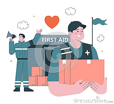 20 June, world refugee day. Refugees first aid. Local volunteers help migrant Vector Illustration