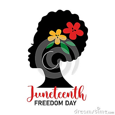 Juneteenth Freedom Day quote with afro woman and colorful flowers isolated on white background. Vector flat illustration. Cartoon Illustration