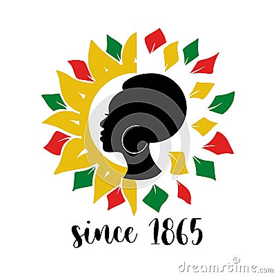 Juneteenth quote with afro woman and colorful sunflower isolated on white background. Vector flat illustration. Vector Illustration