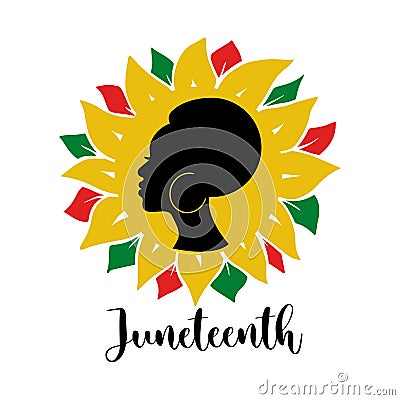 Juneteenth quote with afro woman and colorful sunflower isolated on white background. Vector flat illustration. Vector Illustration