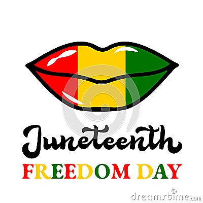 Juneteenth sign. Black girl lipstick kiss. African American holiday on June 19. Vector template for typography poster Vector Illustration